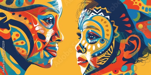 Two black women, one adult and one child, are depicted in a colorful and abstract painting.