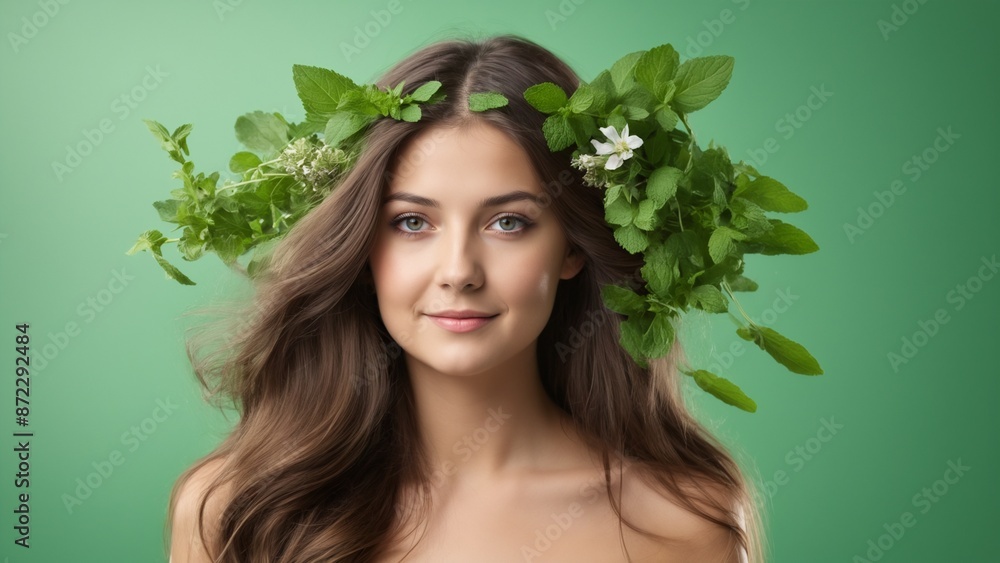 Fototapeta premium A woman with a leaf and flower wreath smiling in nature for a flash photo