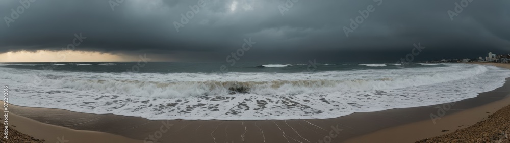 A dramatic wide-angle shot captures powerful waves crashing against the shore under a dark, stormy winter sky. A dramatic wide-angle shot captures powerful waves crashing against the shore under a dark, stormy winter sky.