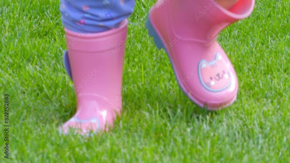 Child in pink rain boots stepping on grass in 4k slow motion 120fps Child in pink rain boots stepping on grass in 4k slow motion 120fps
