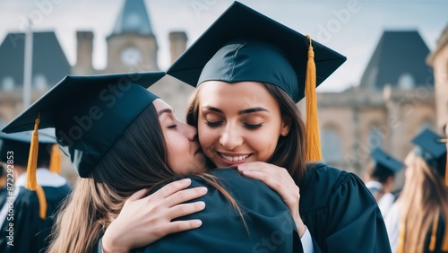 Two female graduates hugging, one kissing the other on the cheek photo