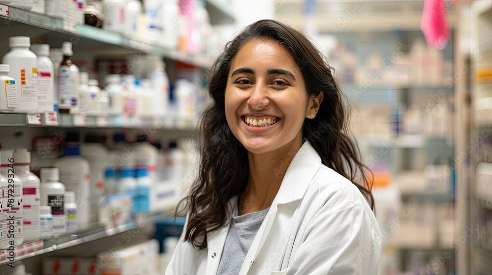 Young hispanic woman pharmacist smiling confident standing at pharmacy Young hispanic woman pharmacist smiling confident standing at pharmacy