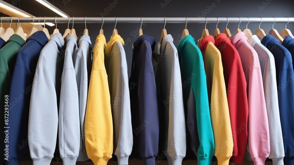 A variety of vibrant hoodies are displayed on a clothing rack, showcasing different colors and styles, including vibrant orange and electric blue options A variety of vibrant hoodies are displayed on a clothing rack, showcasing different colors and styles, including vibrant orange and electric blue options
