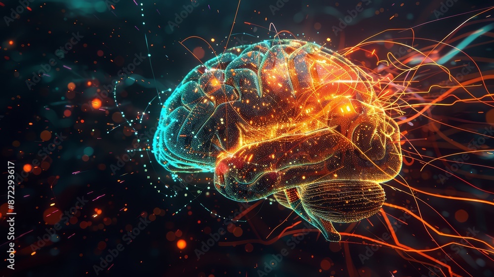 An abstract digital illustration of a brain with a cascade of glowing lines and symbols An abstract digital illustration of a brain with a cascade of glowing lines and symbols