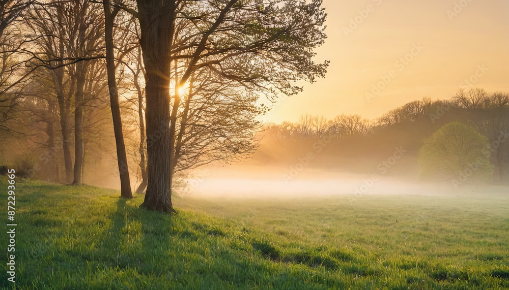 Sunlight shines through the branches of trees on a misty morning, illuminating a green field Sunlight shines through the branches of trees on a misty morning, illuminating a green field