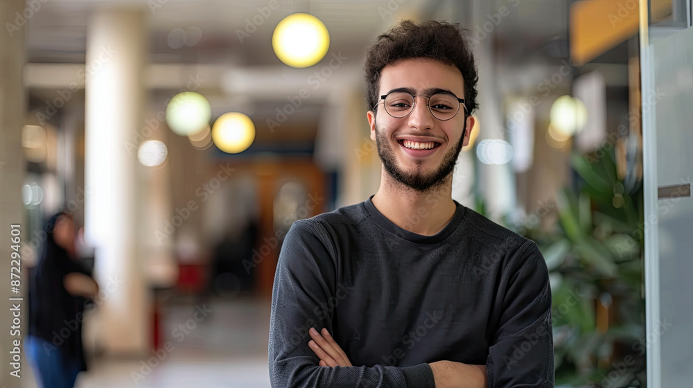 Young arab man smiling confident standing with arms crossed gesture at office Young arab man smiling confident standing with arms crossed gesture at office