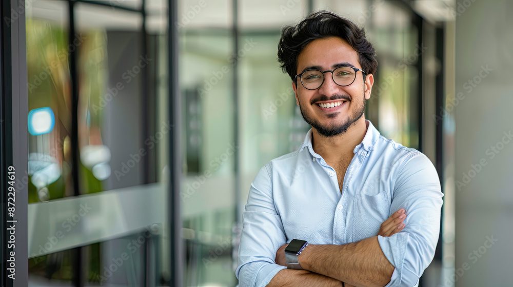 Young arab man smiling confident standing with arms crossed gesture at office Young arab man smiling confident standing with arms crossed gesture at office