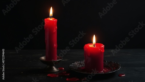 red candles on table, against black background