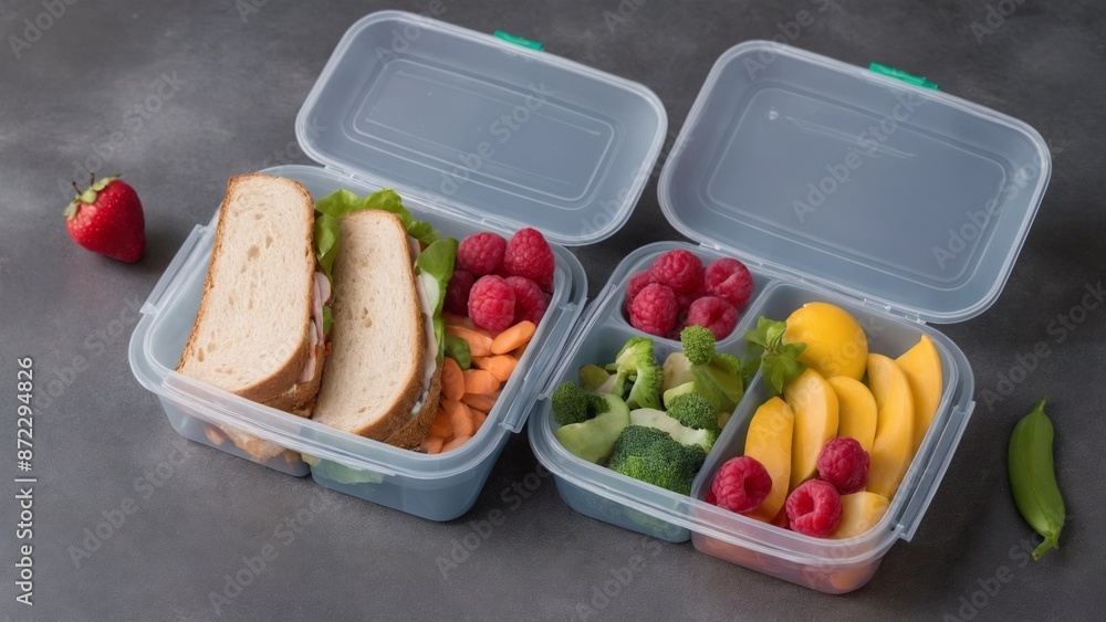 Plastic containers with sandwiches, fruits, and veggies Plastic containers with sandwiches, fruits, and veggies