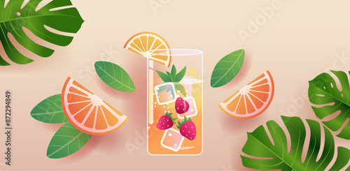 Tropical drink with ice cubes strawberries orange slices and green leaves on beige background