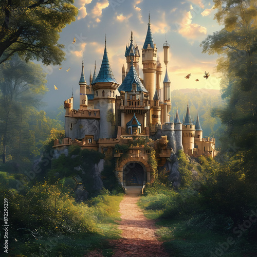 background illustration of a royal castle in a fantasy natural landscape