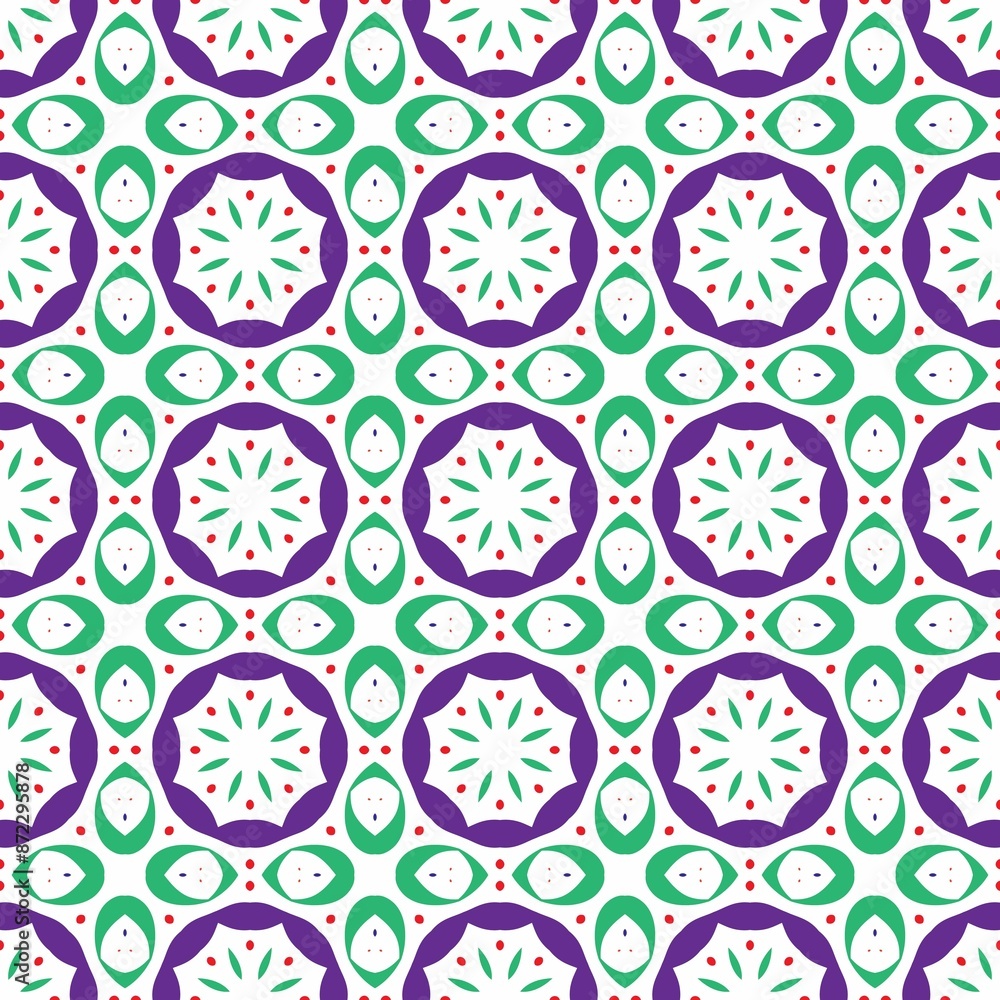 Seamless geometric pattern with colorful shapes in green, purple, and white Seamless geometric pattern with colorful shapes in green, purple, and white