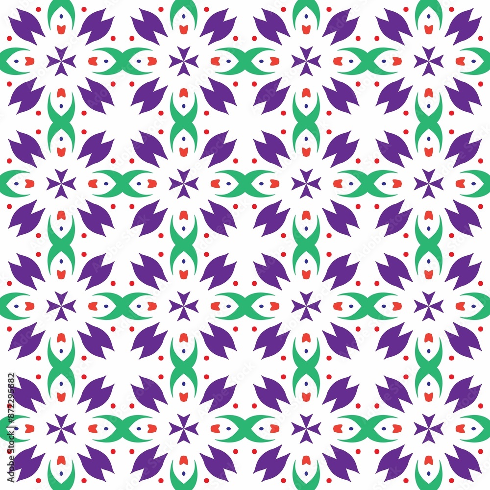 Seamless geometric pattern with colorful shapes in green, purple, and red Seamless geometric pattern with colorful shapes in green, purple, and red