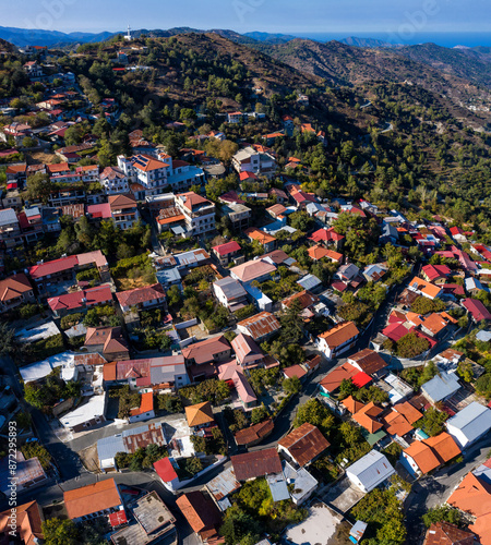 Drone photography showcasing the charming architecture and peaceful atmosphere of a Pedoulas village. Nicosia District, Cyprus photo