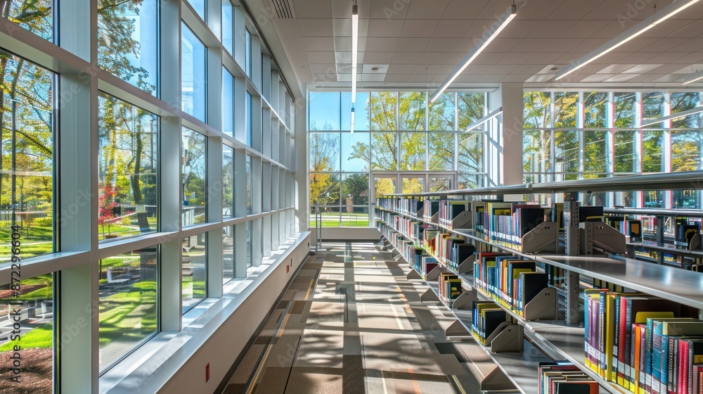 public library with wall-to-wall energy-efficient windows that create a bright and welcoming space for readers, maintaining a comfortable temperature year-round public library with wall-to-wall energy-efficient windows that create a bright and welcoming space for readers, maintaining a comfortable temperature year-round