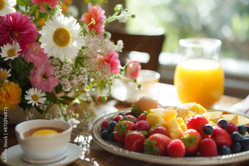 a plate of eggs and berries on a table, tranquil Mother's Day morning breakfast scene including fresh fruits, sunny-side eggs and hand-picked garden flowers a plate of eggs and berries on a table, tranquil Mother's Day morning breakfast scene including fresh fruits, sunny-side eggs and hand-picked garden flowers