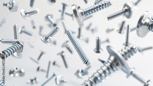 Metal screws and bolts flying in the air, with a transparent background. Many silver screws falling. Construction and repair tools. Steel chrome nails, gray instruments.