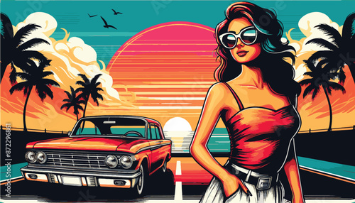 Stylish Lady and Vintage Car on Tropical Sunset Background, Girl and Retro Vehicle, Illustrations for  t-shirt, card, poster, banner, flyer, ad, brochure or background. Fashion illustration art