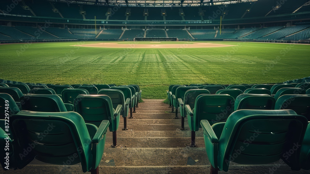 Fototapeta premium An empty sports stadium, with rows of seats and a silent field