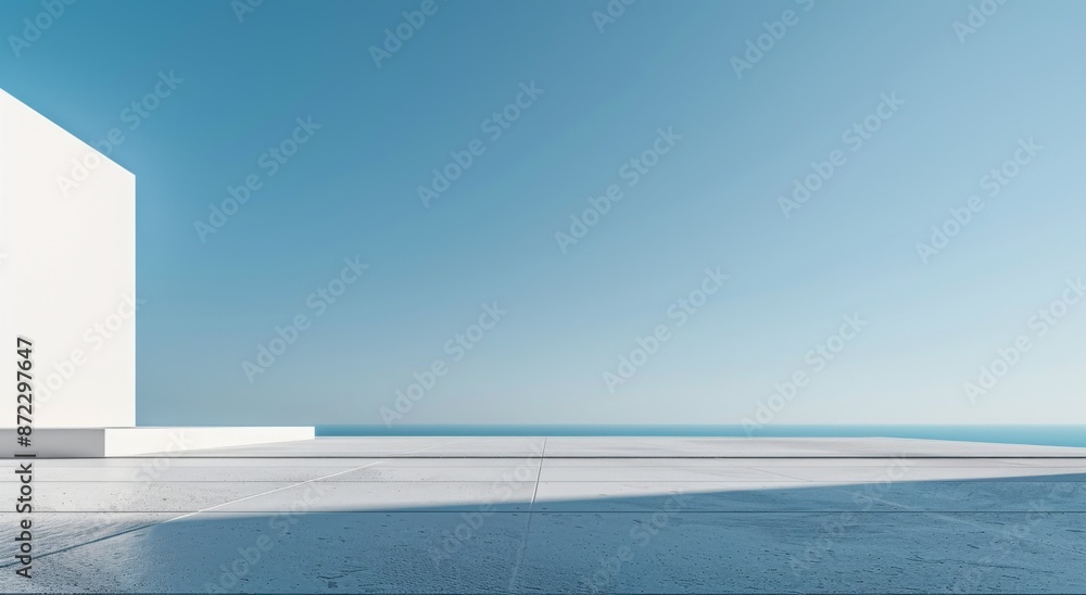Fototapeta premium Minimalist white and blue sky scene with clean lines, depicting modern architecture