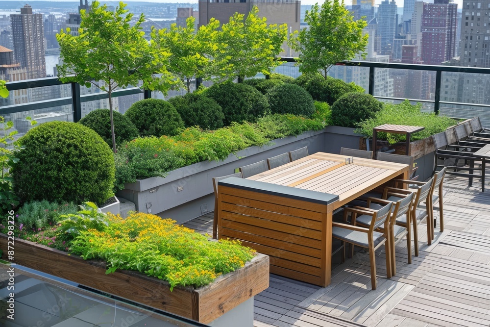 a balcony with a couch and a table, contemporary rooftop garden with greenery and relaxation zones a balcony with a couch and a table, contemporary rooftop garden with greenery and relaxation zones