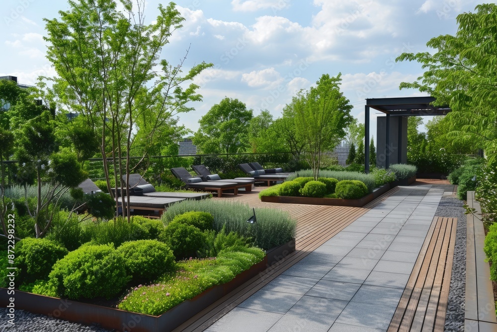 Naklejka premium a balcony with a couch and a table, contemporary rooftop garden with greenery and relaxation zones