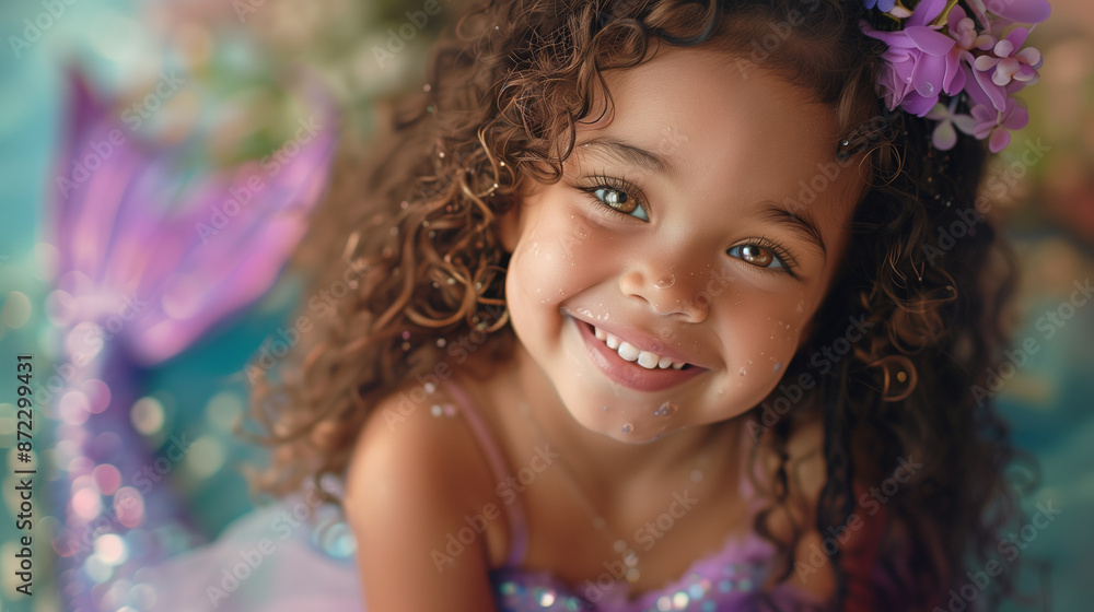 The joyful innocence of a girl in a mermaid costume swimming in water shines through as she smiles brightly, exuding childhood happiness and wonder The joyful innocence of a girl in a mermaid costume swimming in water shines through as she smiles brightly, exuding childhood happiness and wonder