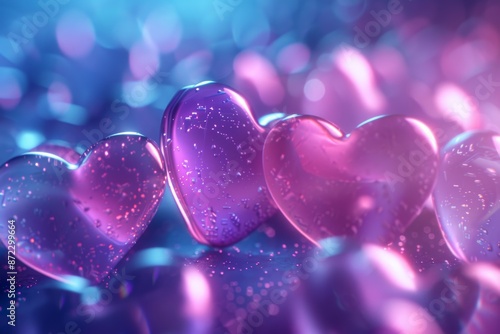 Close up of heart shaped objects with glitter symbolizing love and celebration in a vibrant artistic setting