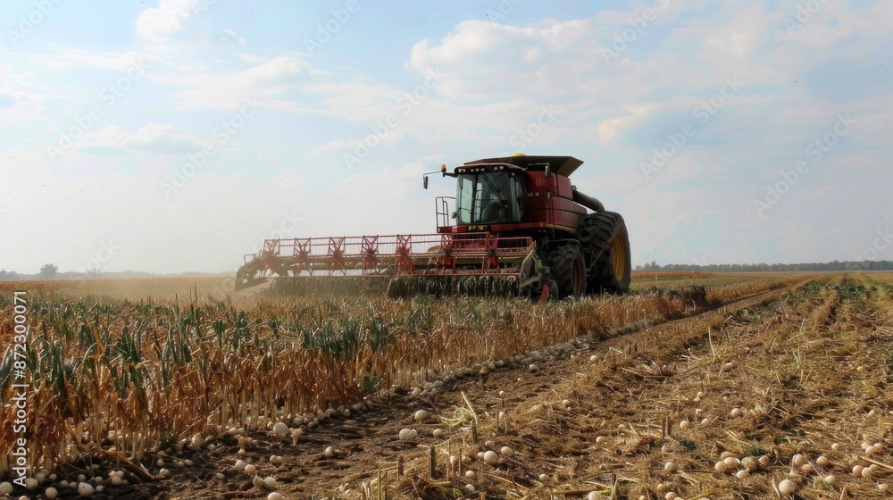Fototapeta premium This image shows a red combine harvester working in a field of onions. The harvester is moving forward, cutting down the onion stalks and collecting the onions in its hopper. 
