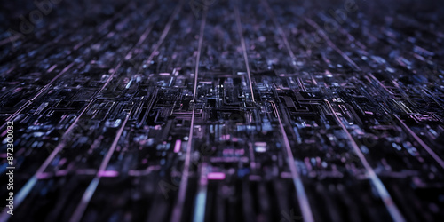 Verschlungene digitale Landschaft: Eine futuristische Ansicht einer abstrakten, stark vergrößerten Mikrochipschaltung, die in dunklen Violett- und Blautönen schimmert und eine dichte Netzstruktur photo