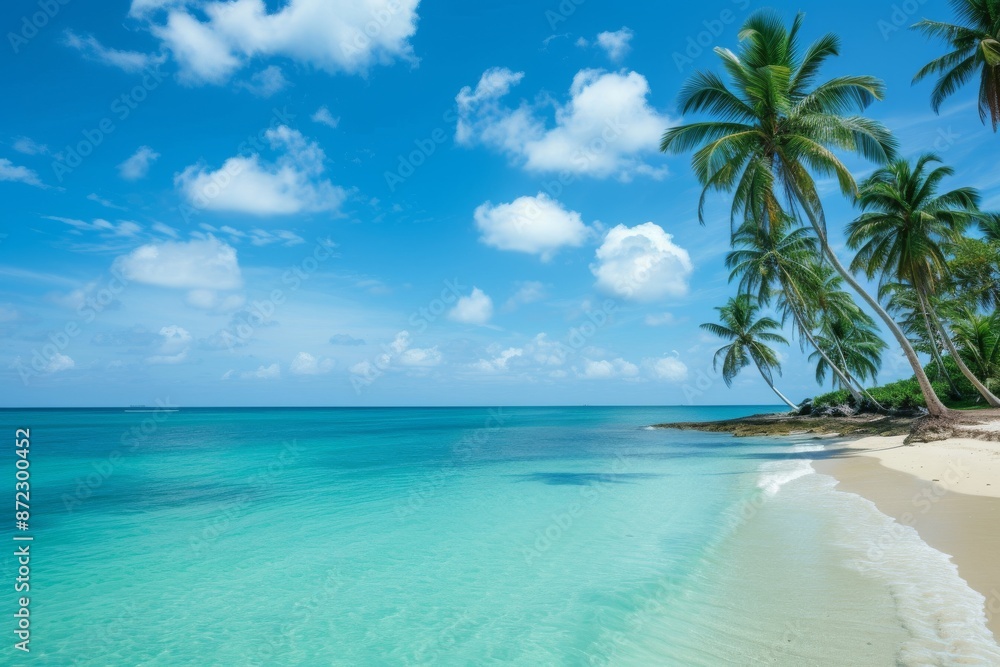 a beach with palm trees and clear water, Panoramic view of a dreamy beachfront with palm trees, clear blue skies and aqua-colored water a beach with palm trees and clear water, Panoramic view of a dreamy beachfront with palm trees, clear blue skies and aqua-colored water