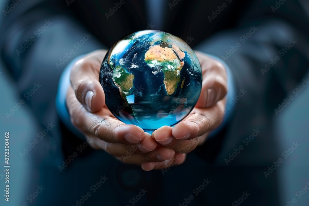 Businessman holding crystal ball with world image inside Businessman holding crystal ball with world image inside