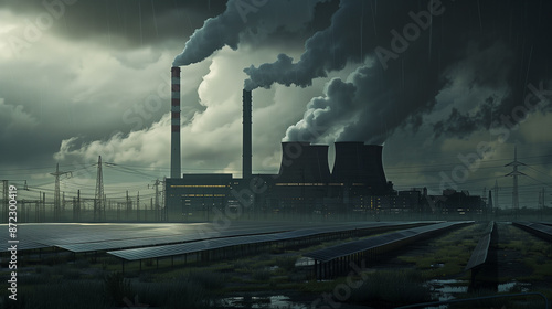 Dramatic sky looming over an industrial coal fired power station releasing smoke that interferes with the solar panels in the foreground photo