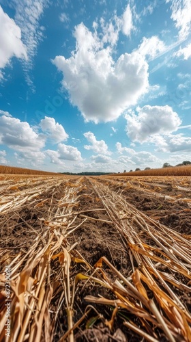 A low-angle view of a row of harvested corn stalks in a field. The stalks are brown and dry, and the ground is dark and rich. The sky is a clear blue with white clouds. 