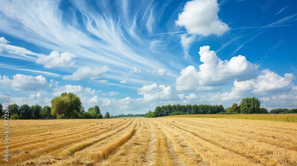 A picturesque view of a harvested field with rows of golden straw. The sky is a brilliant blue with scattered white fluffy clouds, and the horizon is lined with a thin strip of green trees. A picturesque view of a harvested field with rows of golden straw. The sky is a brilliant blue with scattered white fluffy clouds, and the horizon is lined with a thin strip of green trees.