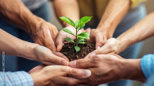 People of all ages and races join hands around a small plant, symbolizing unity and hope for the future of the planet. AIG535 photo