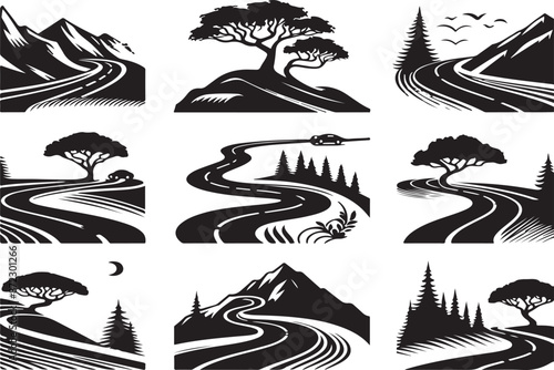  winding road  silhouette vector collection on white background