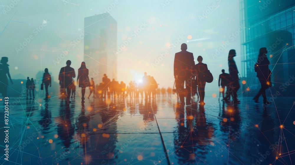 Business people walking in urban cityscape with technology graphics overlay Business people walking in urban cityscape with technology graphics overlay