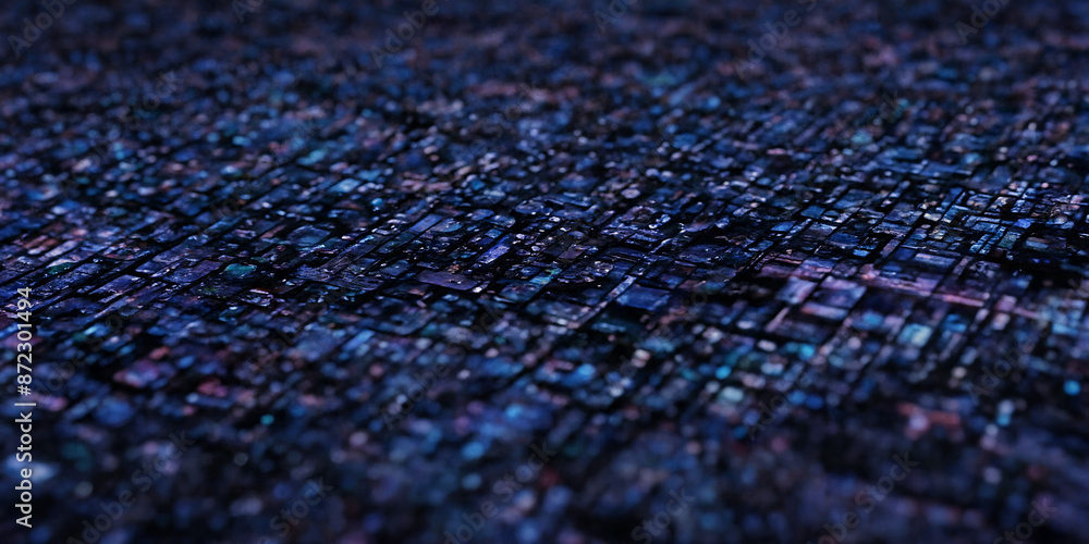 Dunkle Mikrochip-Textur: Eine Nahaufnahme einer komplexen, strukturierten Oberfläche aus winzigen, ineinander verschlungenen Mikrochip-Elementen in tiefen Blau- und Violetttönen Dunkle Mikrochip-Textur: Eine Nahaufnahme einer komplexen, strukturierten Oberfläche aus winzigen, ineinander verschlungenen Mikrochip-Elementen in tiefen Blau- und Violetttönen