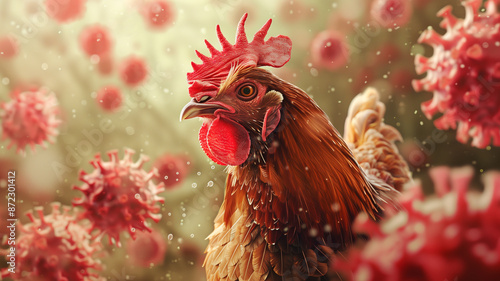 Bird flu virus outbreak, Avian influenza, infectious disease spreading to mammals and humans, sick chicken photo