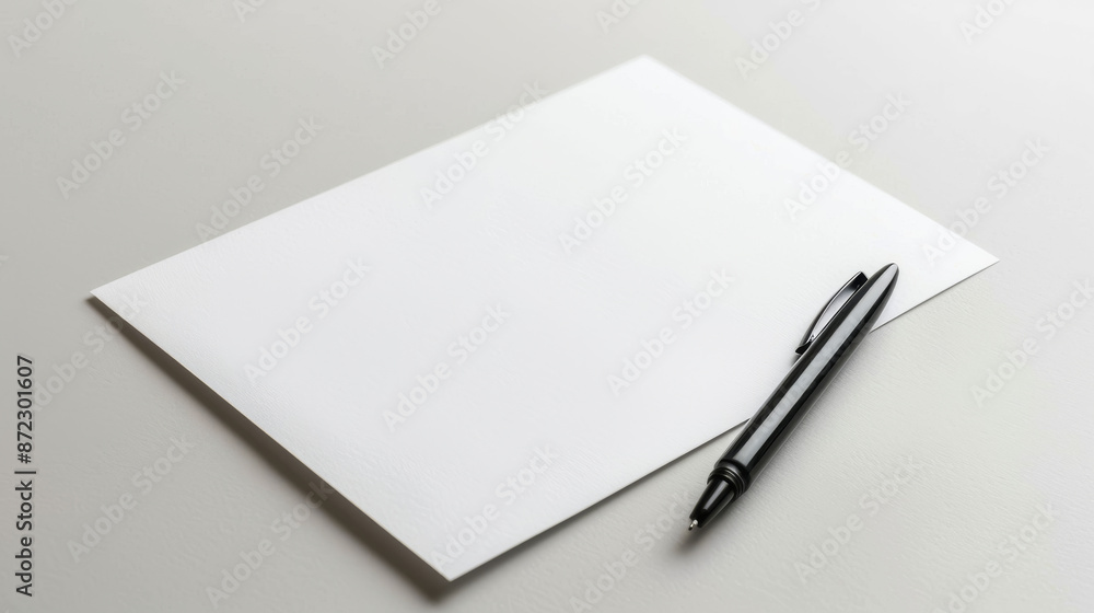 A blank piece of paper with a pen lies on a white surface, ready for writing or drawing. A blank piece of paper with a pen lies on a white surface, ready for writing or drawing.