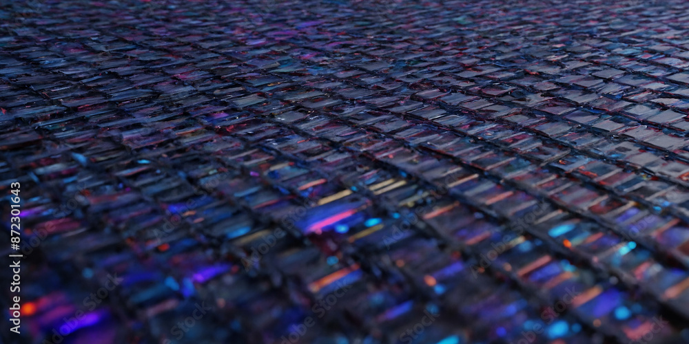 Fototapeta premium Schimmernde digitale Kachelstruktur: Eine Nahaufnahme einer komplexen Oberfläche aus kleinen, rechteckigen Kacheln in tiefen Blau- und Violetttönen, akzentuiert durch schimmernde Lichter in Pink Blau
