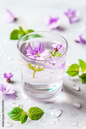 clear glass of water with floating purple flowers and green leaves, placed on a light surface © World of AI