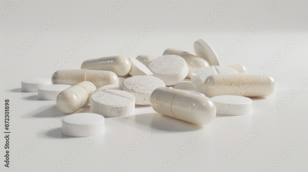 A realistic image of pills and capsules on a white background. A realistic image of pills and capsules on a white background.