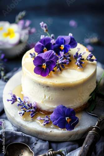 Honey cake decorated with edible flowers and buttercream, on a dark background, close-up.