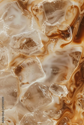 macro close up of ice cubes in caramel iced coffee with bubbles