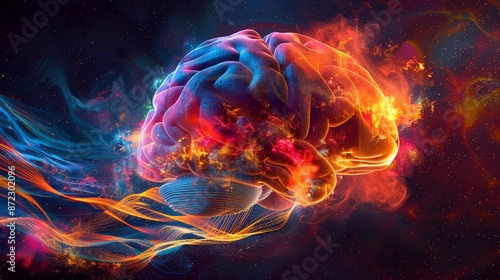 An imaginative portrayal of a brain with a radiant explosion of color waves and abstract forms