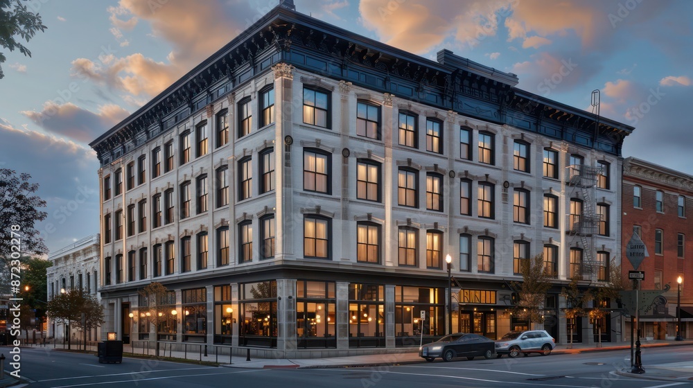 Fototapeta premium historic hotel upgraded with energy-efficient windows that mimic the original 19th-century design, providing modern comfort without compromising historical integrity