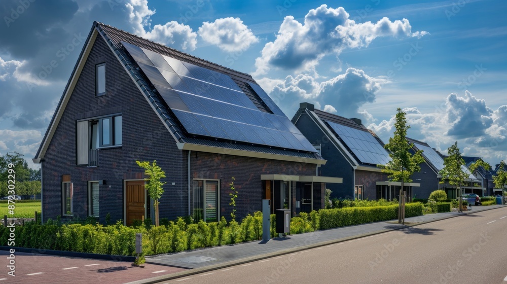 A row of modern homes with solar panels on their roofs is situated on a quiet street in a residential neighborhood. The houses are brick with a dark grey exterior. A row of modern homes with solar panels on their roofs is situated on a quiet street in a residential neighborhood. The houses are brick with a dark grey exterior.