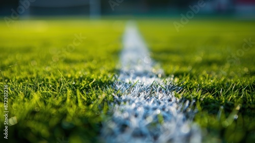 Close-up of a grass field with a white line marking, perfect for sports, soccer, or outdoor activity themes.